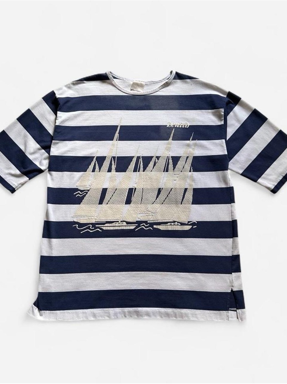 Vintage 1990s Zenith Striped Nautical Sailboat Graphic Tee - Navy & White XL